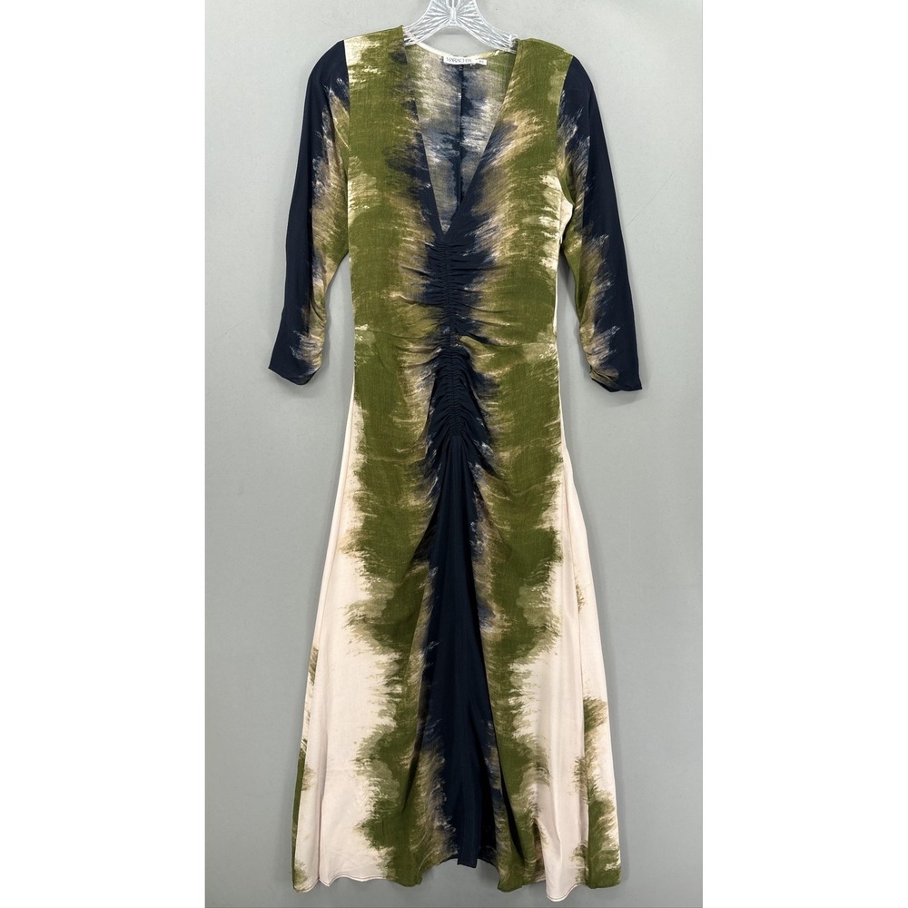 MARIACHER Dress XS Multicolor Tie Dye‎ Maxi V-Neck Ruched 3/4 Sleeve Fit Flare